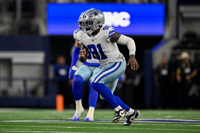 Aug 16, 2025; Arlington, Texas, USA; Dallas Cowboys defensive end Tyrus Wheat (91) rushes the line during the game between the Dallas Cowboys and the Baltimore Ravens at AT&T Stadium. Mandatory Credit: Jerome Miron-Imagn Images