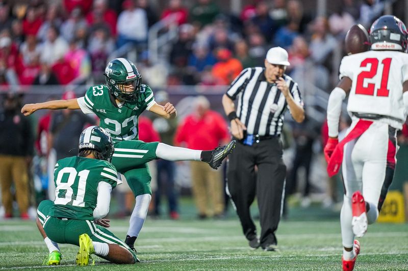 Detroit Cass Tech senior kicker Fabian Garza (23) kicks the ball during the first half at the Amazon Prep Kickoff Classic Wayne State in Detroit on Friday, Aug. 29, 2025.