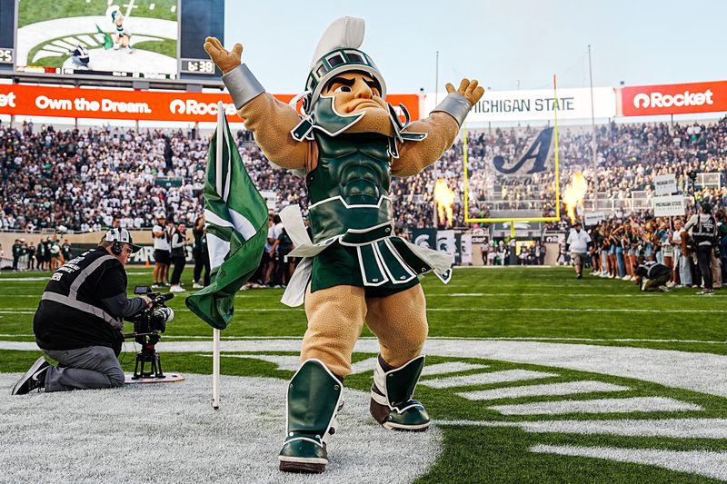 Michigan State mascot Sparty takes the field ahead of the first half against Western Michigan at Spartan Stadium in East Lansing on Friday, August 29, 2025.