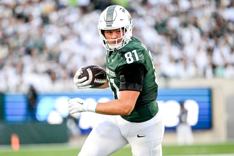 Michigan State's Michael Masunas runs after a catch against Western Michigan during the second quarter on Friday, Aug. 29, 2025, in East Lansing.