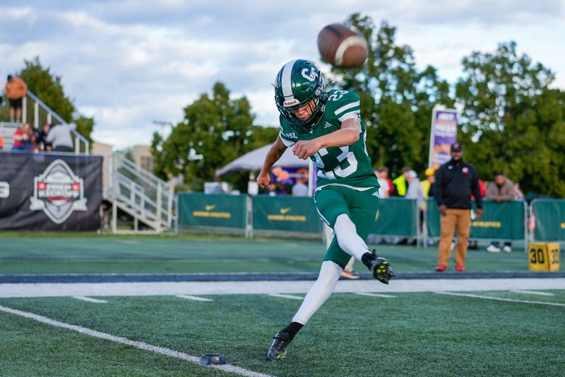 Detroit Cass Tech senior kicker Fabian Garza (23) kicks the ball the ball prior to a game against at the Amazon Prep Kickoff Classic Wayne State in Detroit on Friday, Aug. 29, 2025.
