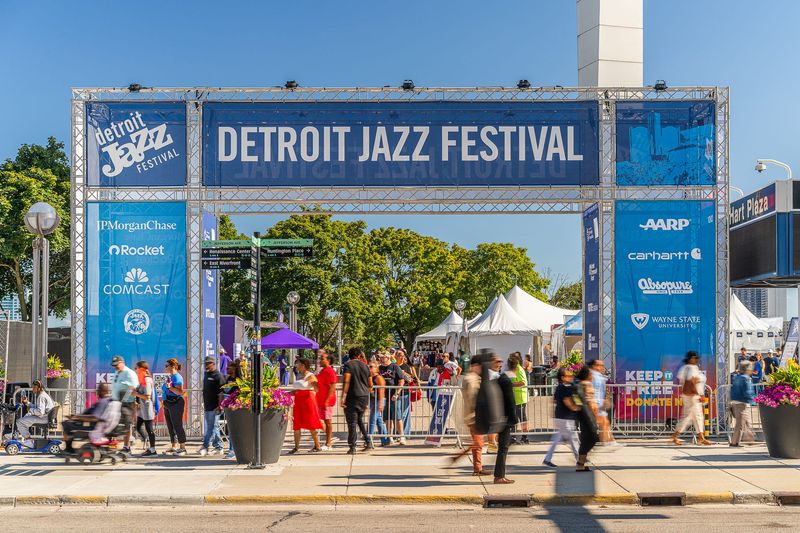People enter the Detroit Jazz Festival at Hart Plaza in Detroit on Sunday, August 31, 2025.