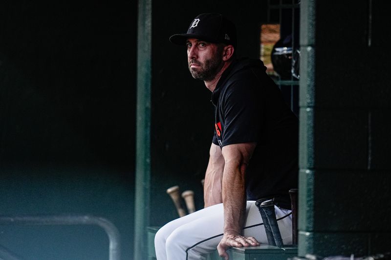 Detroit Tigers hitting coach Keith Beauregard (37) watches a play against New York Mets from the dugout at Comerica Park in Detroit on Tuesday, September 2, 2025.