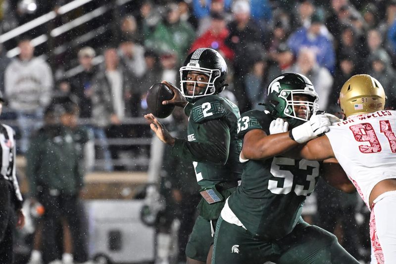 Sep 21, 2024; Chestnut Hill, Massachusetts, USA; Michigan State Spartans quarterback Aidan Chiles (2) throws a pass against the Boston College Eagles during the first half at Alumni Stadium. Mandatory Credit: Eric Canha-Imagn Images