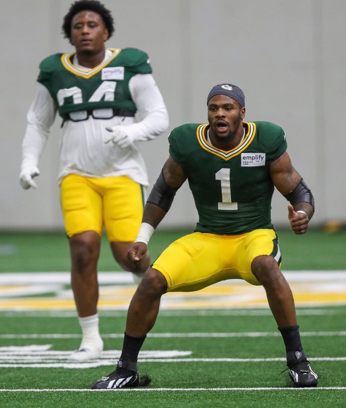Green Bay Packers defensive end Micah Parsons (1) warms up during practice on Wednesday, September 3, 2025, at Clarke Hinkle Field in Ashwaubenon, Wisconsin.