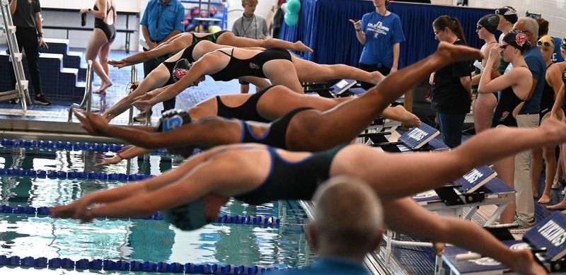 Swimmers start a race at the Southeastern Michigan Independent Swimming League Relays on Saturday, Sept. 6.