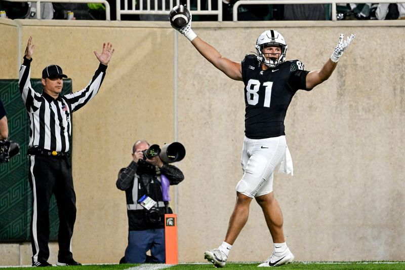 Michigan State's Michael Masunas celebrates after a touchdown catch against Boston College during the second quarter on Saturday, Sept. 6, 2025, at Spartan Stadium in East Lansing.