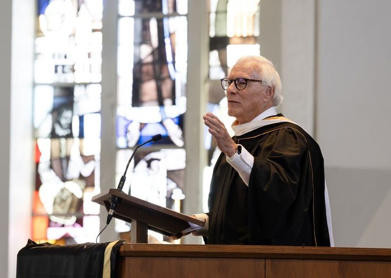 Adrian Mayor Jim Berryman delivers a speech titled "Taking the Next Step" at Adrian College's Opening Convocation on Sept. 3.
