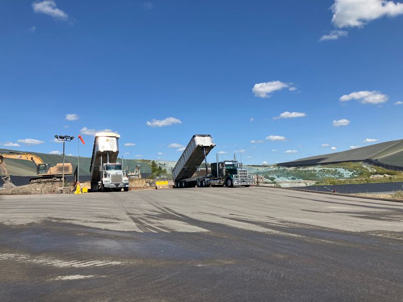 A truck disposes of waste in an active disposal cell at Wayne Disposal, Inc., a hazardous waste landfill in Van Buren Township, photographed on Sept. 8, 2025.