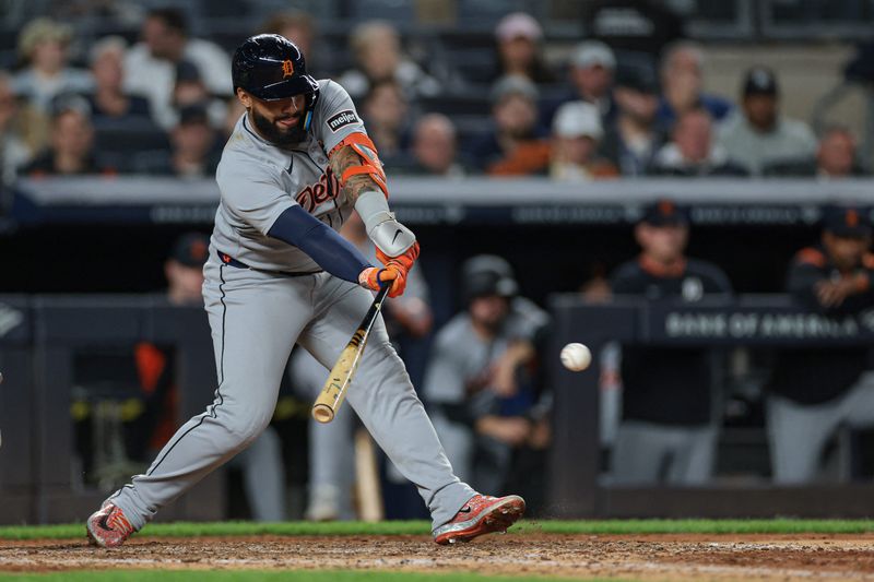 Detroit Tigers second baseman Gleyber Torres (25) hits an RBI groundout during the seventh inning against the New York Yankees at Yankee Stadium in New York on Wednesday, Sept. 10, 2025.