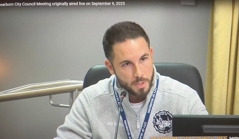 Dearborn Mayor Abdullah Hammoud responds at a council meeting on Sept. 9, 2025, to comments made by a Dearborn resident criticizing new street signs honoring an Arab American leader.