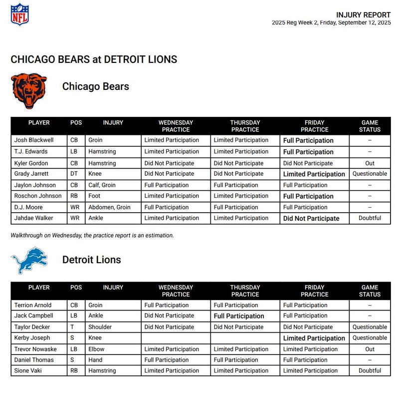 Lions Bears injury report