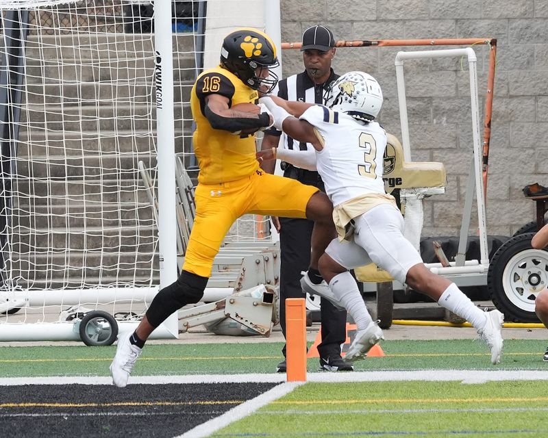 Adrian’s Braiden Whitaker (16) walks into the endzone backwards for another touchdown versus Thiel