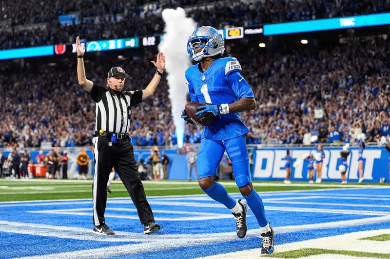 Detroit Lions wide receiver Jameson Williams (1) celebrates a touchdown against Chicago Bears during the second half at Ford Field in Detroit on Sunday, Sept. 14, 2025.