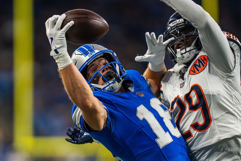 Detroit Lions wide receiver Isaac TeSlaa makes a 29-yard catch against the Chicago Bears during the second quarter at Ford Field in Detroit on Sunday, September 14, 2025.