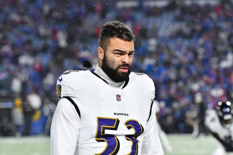Baltimore Ravens linebacker Kyle Van Noy (53) looks on during the first quarter against the Buffalo Bills in a 2025 AFC divisional round game at Highmark Stadium.