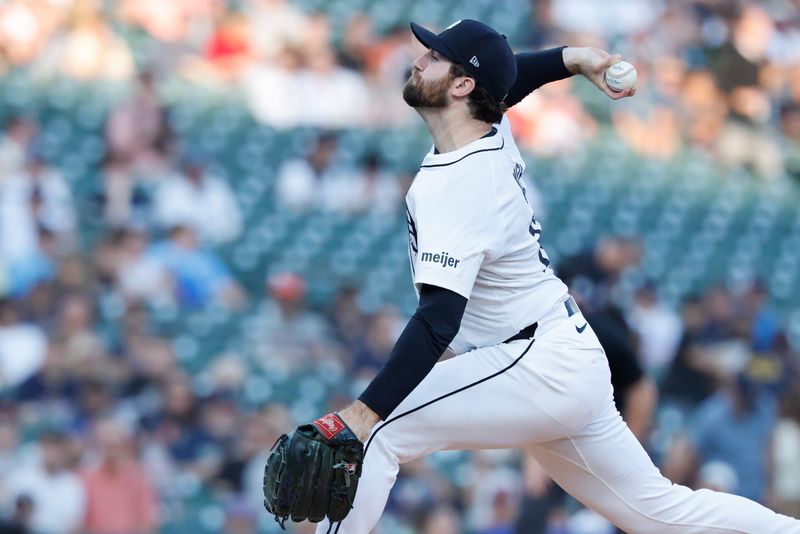 Sep 16, 2025; Detroit, Michigan, USA; Detroit Tigers pitcher Casey Mize (12) pitches in the first inning against the Cleveland Guardians at Comerica Park. Mandatory Credit: Rick Osentoski-Imagn Images