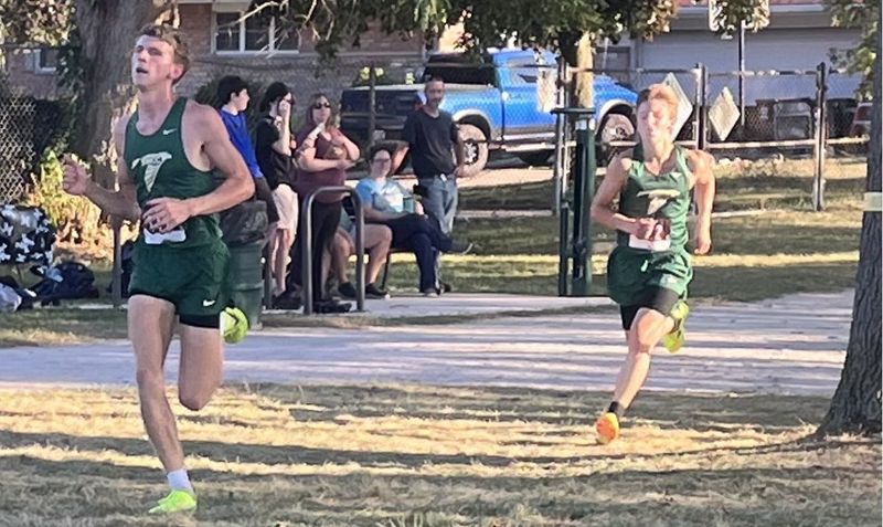 Max Foldvary and Phinneas Totten of St. Mary Catholic Central charge toward the finish line at a Huron League jamboree on Sept. 16, 2025.