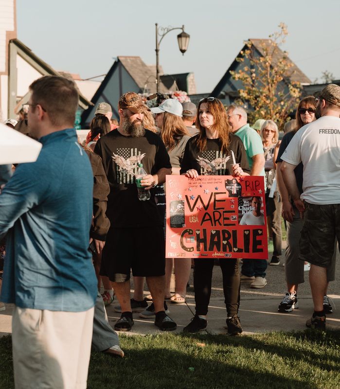 A crowd of about 400 attended a vigil on Tuesday, Sept. 16, 2025 at the Trailhead in downtown Gaylord to mourn the killing of conservative activist Charlie Kirk.