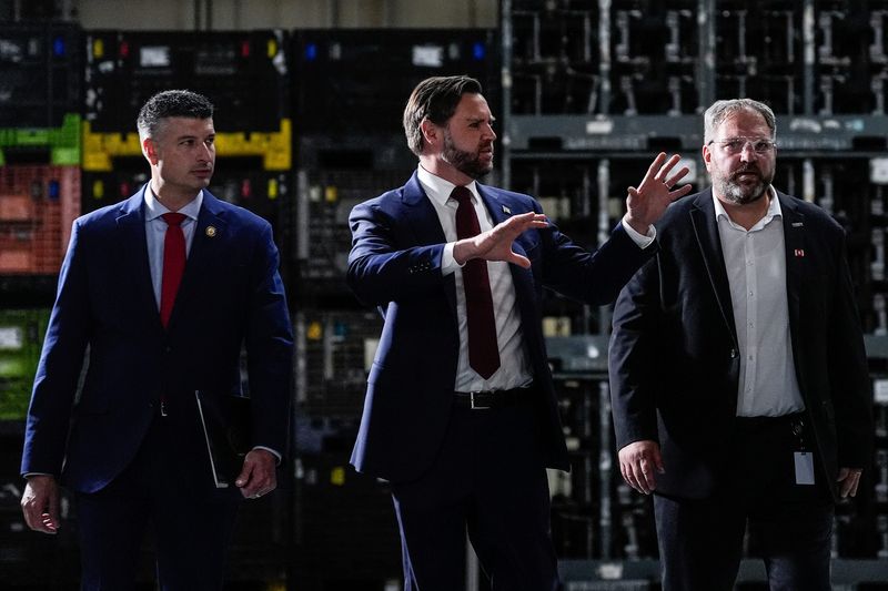 From left, U.S. Rep. Tom Barrett, Vice President JD Vance and Hatch Stamping Vice President for Manufacturing Walter Wyniemko tour Hatch Stamping in Howell on Wednesday, Sept. 17, 2025.