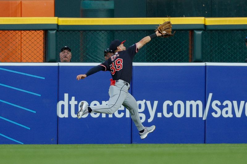 Cleveland Guardians left fielder Steven Kwan (38) catches a fly ball agains the Detroit Tigers during the second inning at Comerica Park in Detroit on Wednesday, Sept. 17, 2025.
