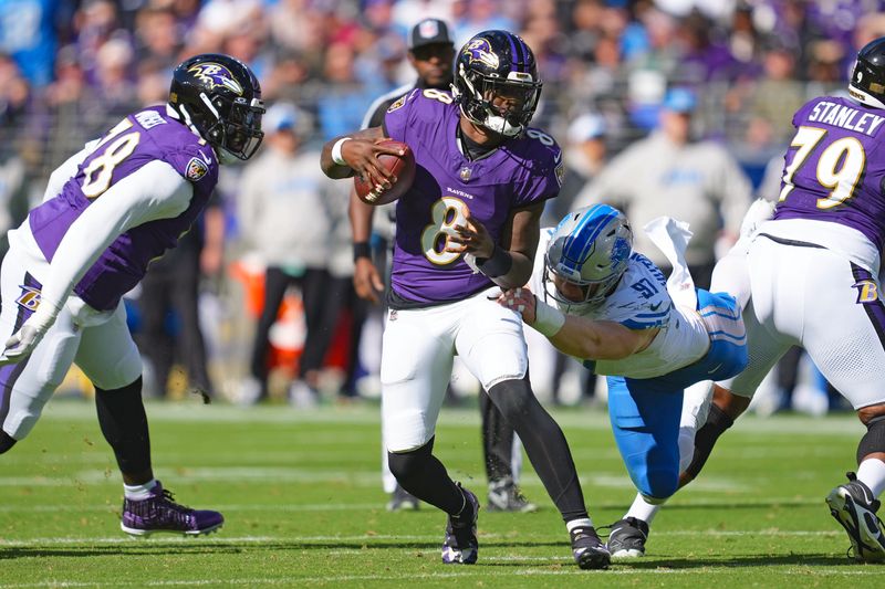 Oct 22, 2023; Baltimore, Maryland, USA; Baltimore Ravens quarterback Lamar Jackson (8) is pressured by Detroit Lions defensive lineman Aidan Hutchinson (97) during the first quarter at M&T Bank Stadium.
