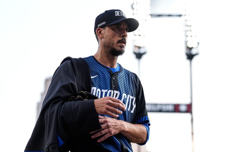 Detroit Tigers pitcher Charlie Morton (50) walks into the dugout before pitching against Atlanta Braves for the first inning at Comerica Park in Detroit on Friday, Sept. 19, 2025.