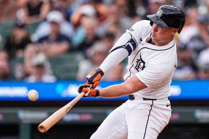 Detroit Tigers designated hitter Kerry Carpenter (30) bats against Atlanta Braves during the third fourth inning at Comerica Park in Detroit on Sunday, Sept. 21, 2025.