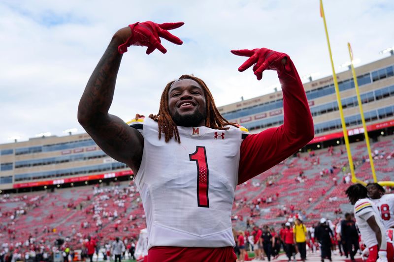 Sep 20, 2025; Madison, Wisconsin, USA; Maryland Terrapins linebacker Daniel Wingate (1) celebrates following the game against the Wisconsin Badgers at Camp Randall Stadium. Mandatory Credit: Jeff Hanisch-Imagn Images
