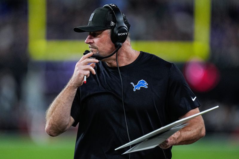 Detroit Lions head coach Dan Campbell watches a play against Baltimore Ravens during the first half at M&T Bank Stadium in Baltimore, Md. on Monday, Sept. 22, 2025.