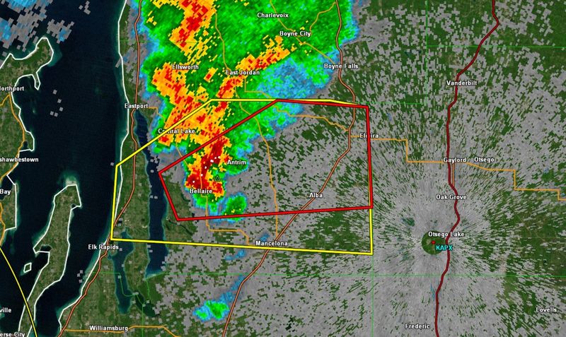 A radar capture from the Gaylord National Weather Service office shows the thunderstorm cell that produced a tornado over Torch Lake Monday, Sept. 22, 2025.