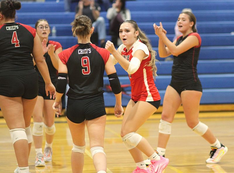 White Pigeon celebrates a big point against Centreville in their matchup on Tuesday night.