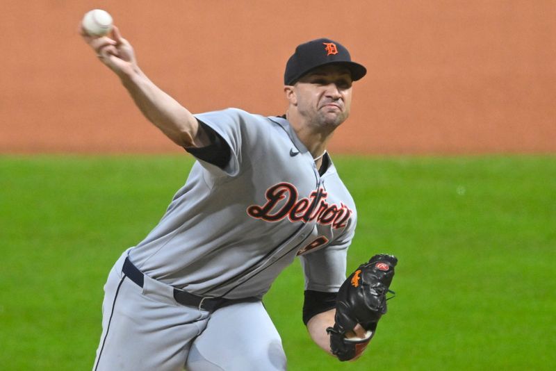 Sep 24, 2025; Cleveland, Ohio, USA; Detroit Tigers starting pitcher Jack Flaherty (9) delivers a pitch in the first inning against the Cleveland Guardians at Progressive Field. Mandatory Credit: David Richard-Imagn Images