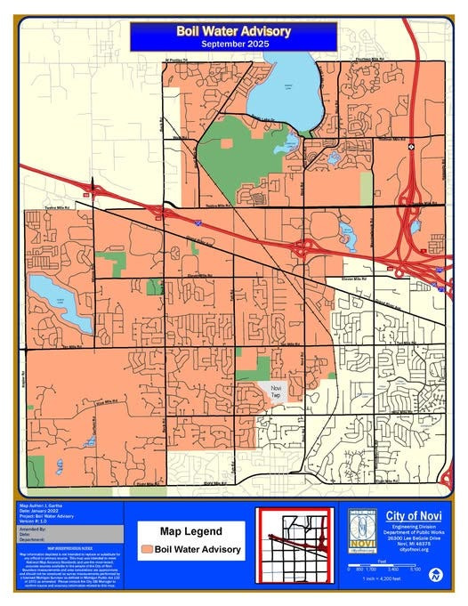 A map of the area in the City of Novi affected by a water main break on Sept. 25, 2025.
