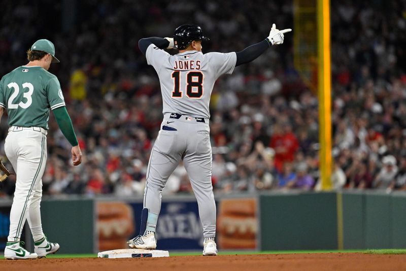Detroit Tigers designated hitter Jahmai Jones (18) reacts to hitting a two run RBI double against the Boston Red Sox during the fourth inning at Fenway Park in Boston on Friday, Sept. 26, 2025.