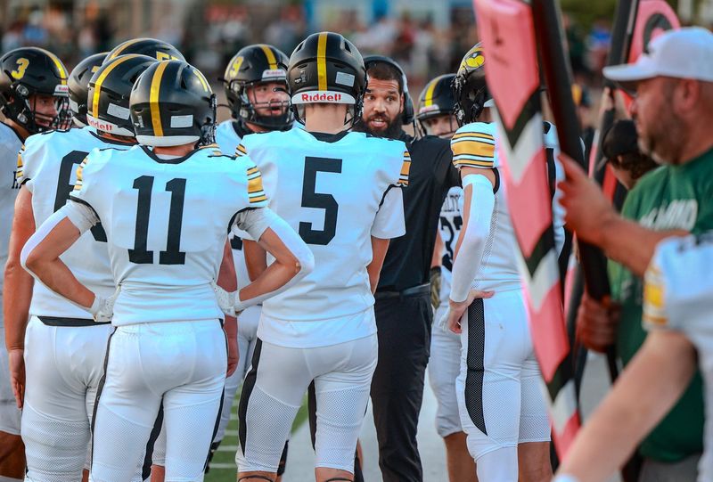 Hamilton coach Zach Harbison, center, discusses a play with his team.