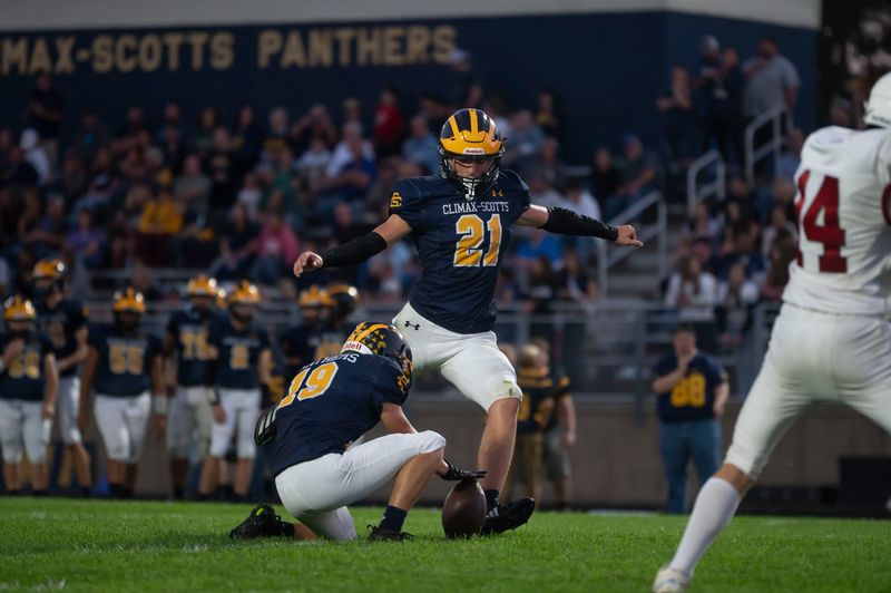 Climax-Scotts senior Liam LaSala kicks the ball during a game against St. Philip at Climax-Scotts High School on Friday, Sept. 26, 2025