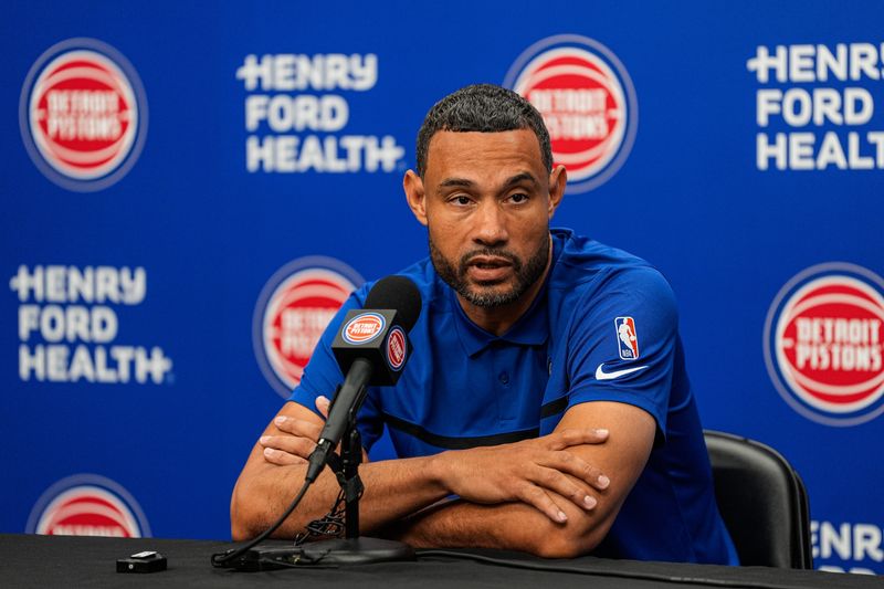 Detroit Pistons president of basketball operations Trajan Langdon speaks during media day at Henry Ford Health Pistons Performance Center in Detroit on Monday, Sept. 29, 2025.