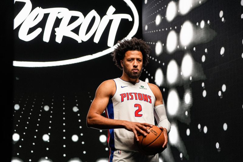 Detroit Pistons guard Cade Cunningham (2) poses for a photo during media day at Henry Ford Health Pistons Performance Center in Detroit on Monday, Sept. 29, 2025.