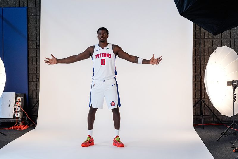 Detroit Pistons center Jalen Duren (0) poses for a photo during media day at Detroit Pistons Performance Center in Detroit on Monday, Sept. 29, 2025.
