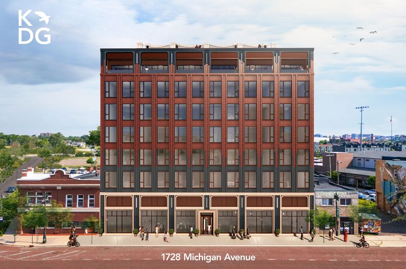 The proposed nine-story building would be constructed on what is now a vacant site at 1728 Michigan Ave.