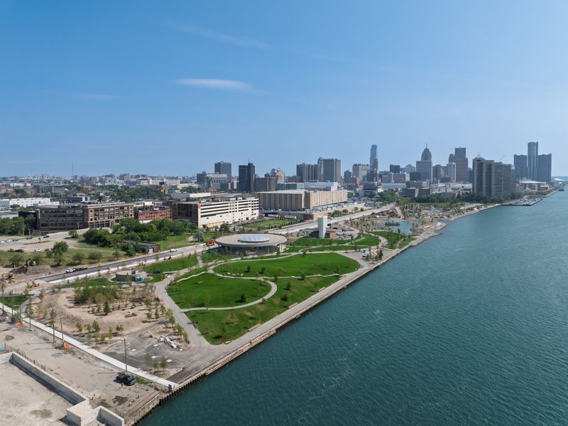 Ralph C. Wilson Jr. Centennial Park in Detroit is seen in this aerial photo over Detroit's west riverfront in August 2025.