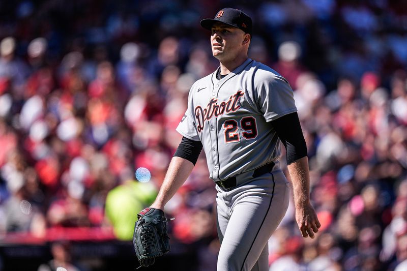 Detroit Tigers pitcher Tarik Skubal (29) walks off the field after throwing first inning against Cleveland Guardians during Game 1 of AL wild-card series at Progressive Field in Cleveland, Ohio on Tuesday, Sept. 30, 2025.
