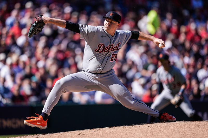 Detroit Tigers pitcher Tarik Skubal (29) throws against Cleveland Guardians during the first inning of Game 1 of AL wild-card series at Progressive Field in Cleveland, Ohio on Tuesday, Sept. 30, 2025.