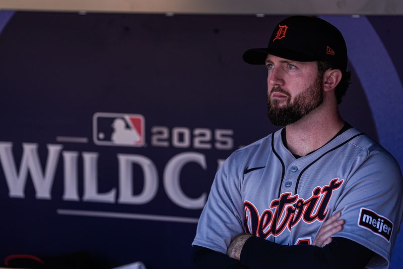 Detroit Tigers pitcher Casey Mize looks on from the dugout before Game 1 against the Cleveland Guardians in the AL wild-card series at Progressive Field in Cleveland, Ohio on Tuesday, Sept. 30, 2025. Mize will pitch Game 2.