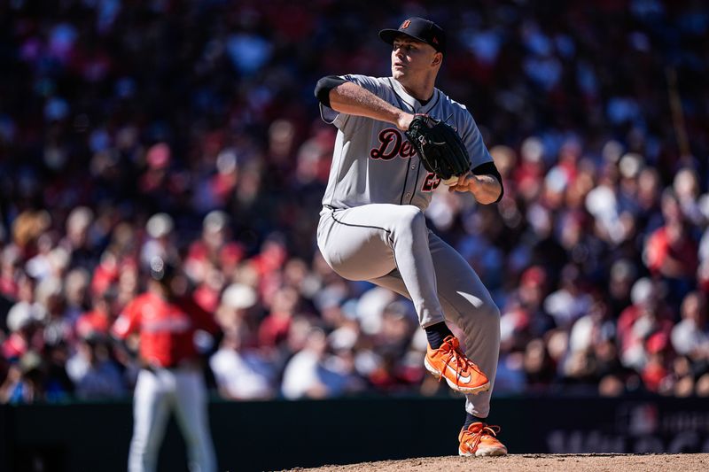 Detroit Tigers pitcher Tarik Skubal (29) throws against Cleveland Guardians during the third inning of Game 1 of AL wild-card series at Progressive Field in Cleveland, Ohio on Tuesday, Sept. 30, 2025.
