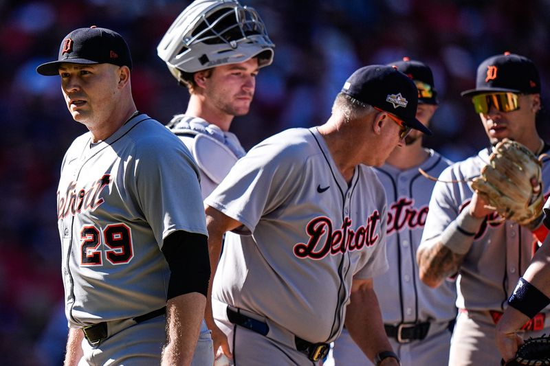 Detroit Tigers pitcher Tarik Skubal (29) walks off the field for pitching change during the eighth inning of Game 1 of AL wild-card series at Progressive Field in Cleveland, Ohio on Tuesday, Sept. 30, 2025.