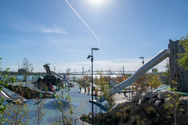 Multiple slides are featured in the five-acre Delta Dental Play Garden at the Ralph C. Wilson, Jr. Centennial Park in Detroit on Wednesday, Oct. 1, 2025.