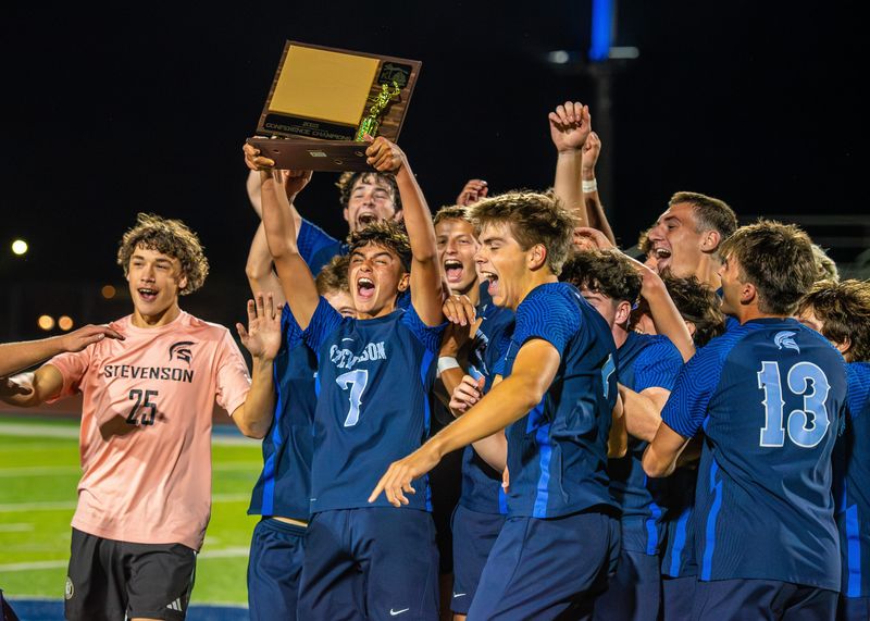 Livonia Stevenson celebrates winning the Kensington Lakes Activities Association boys soccer championship on Wednesday, Oct. 1, 2025.