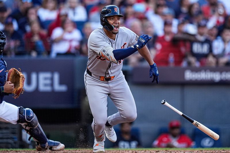 Detroit Tigers right fielder Wenceel Pérez (46) celebrates batting a 2-RBI single against Cleveland Guardians during the seventh inning of Game 3 of AL wild-card series at Progressive Field in Cleveland on Thursday, Oct. 2, 2025.